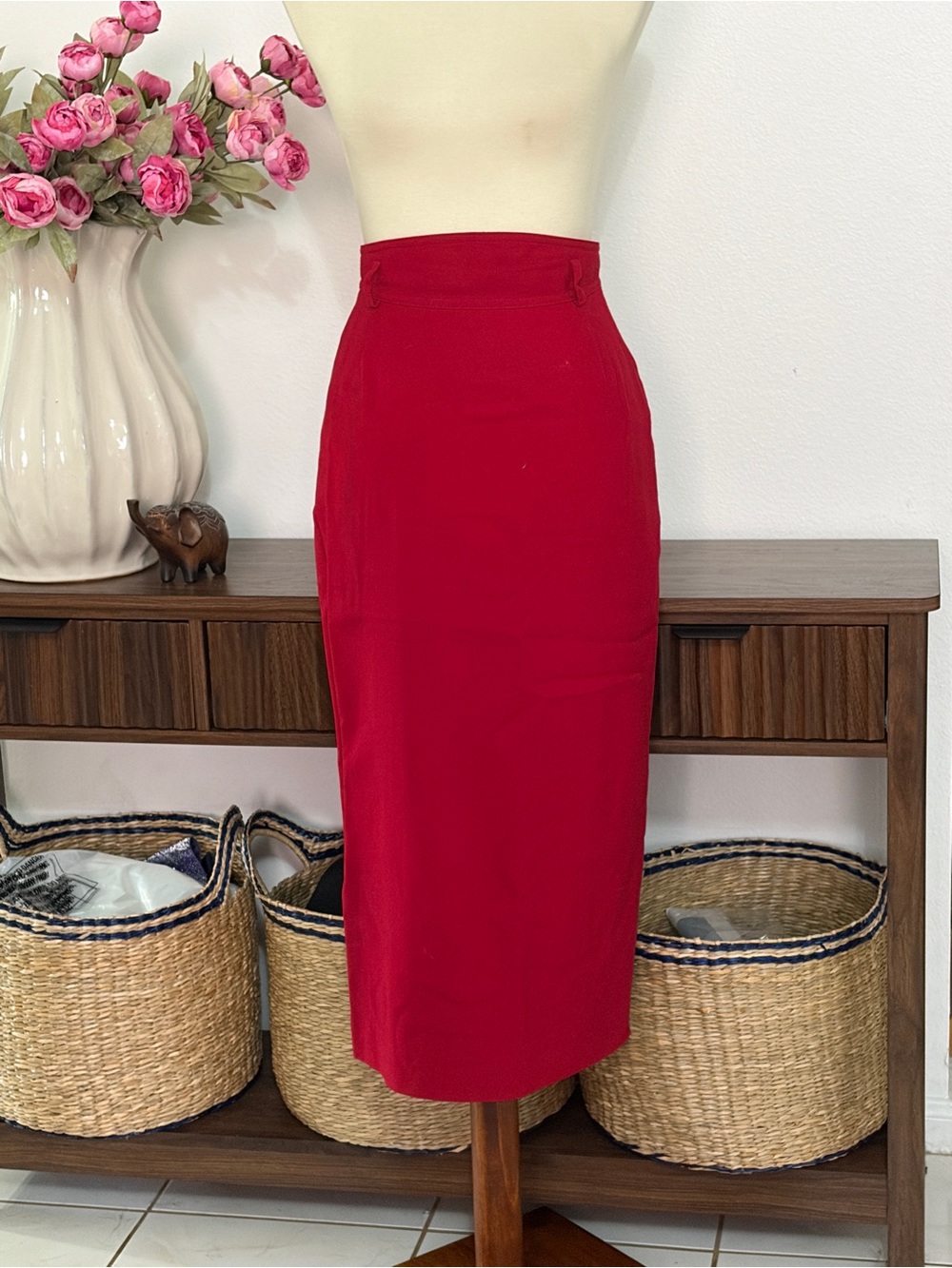 Vintage Paul Stanley | Red High-Waist Pencil Skirt | 100% Wool